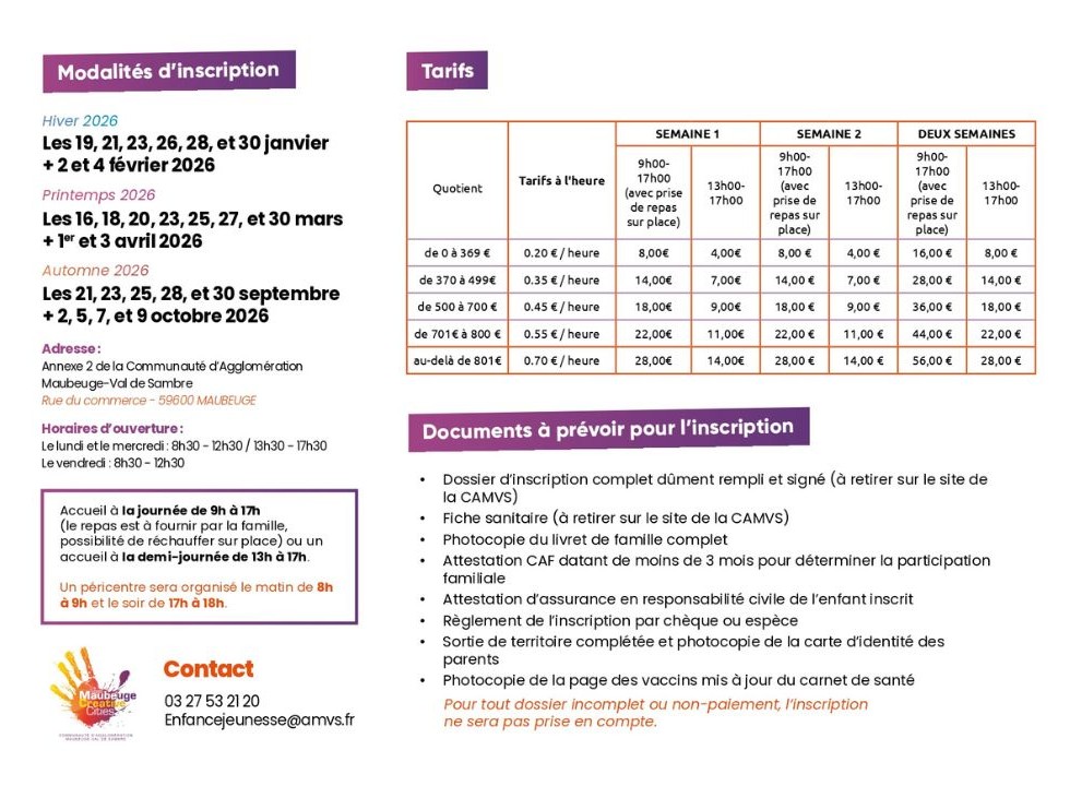 Inscription et tarifs accueils de loisirs - Petites Vacances 2026